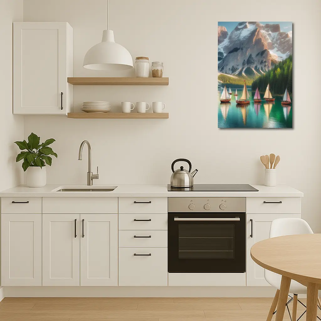 Colorful Sailboats Alpine Mountain Lake Scene – Wall Art
