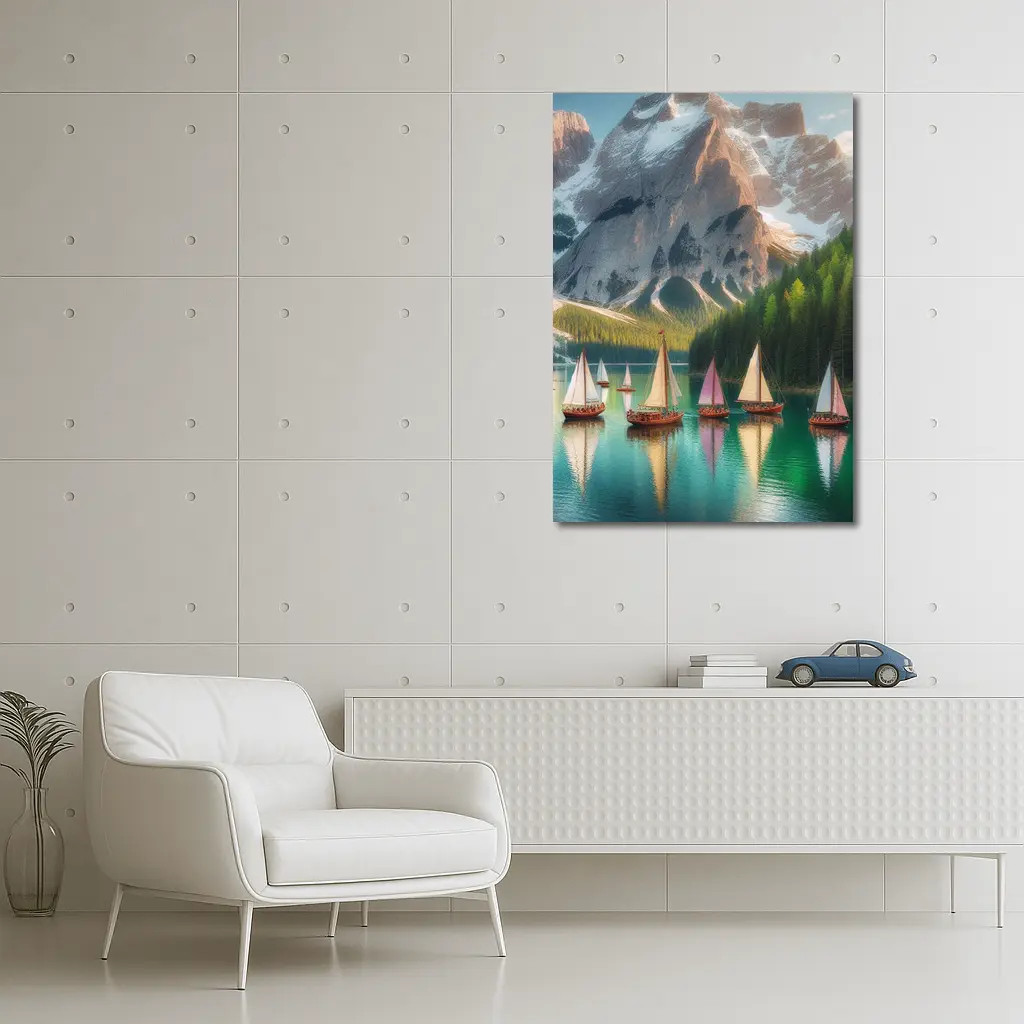 Colorful Sailboats Alpine Mountain Lake Scene – Wall Art