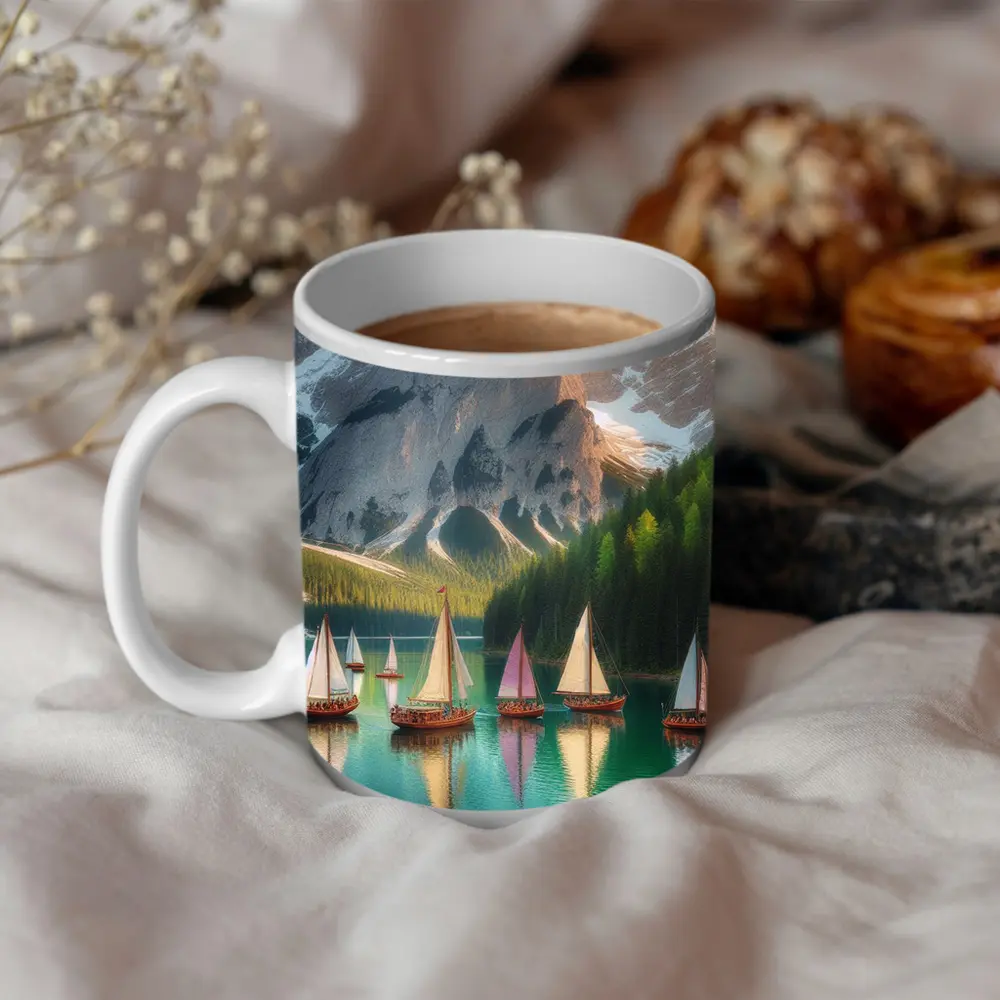 Colorful Sailboats Alpine Mountain Lake Scene – Mugs