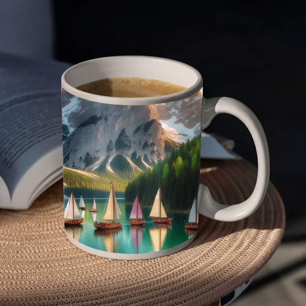 Colorful Sailboats Alpine Mountain Lake Scene – Mugs