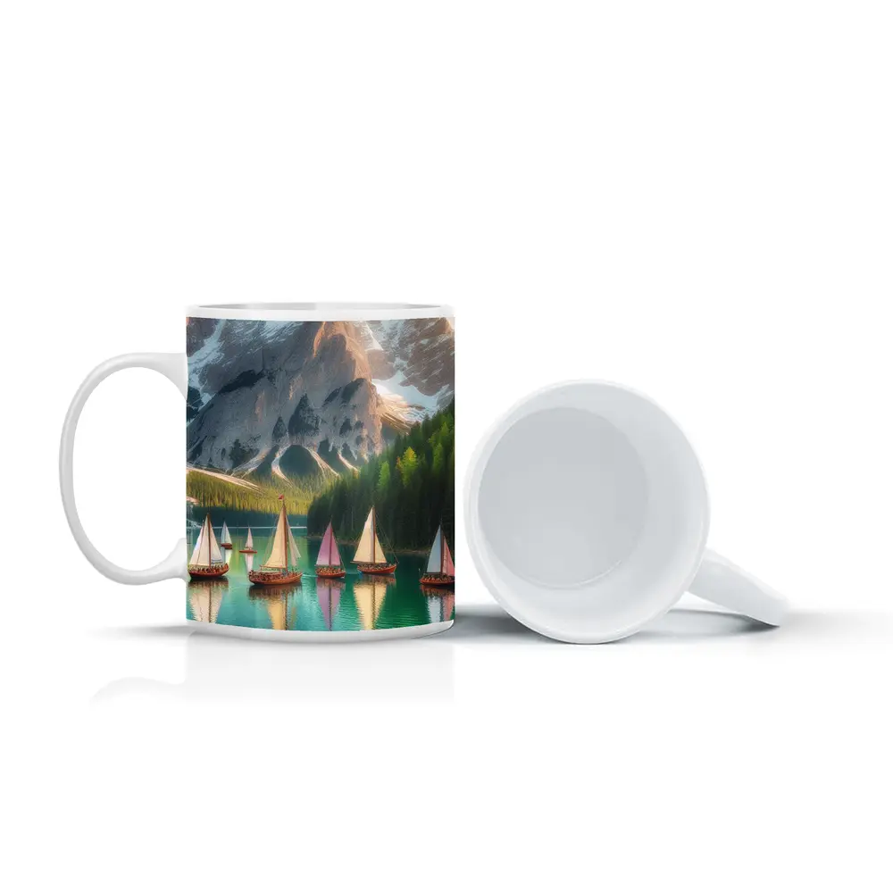 Colorful Sailboats Alpine Mountain Lake Scene – Mugs