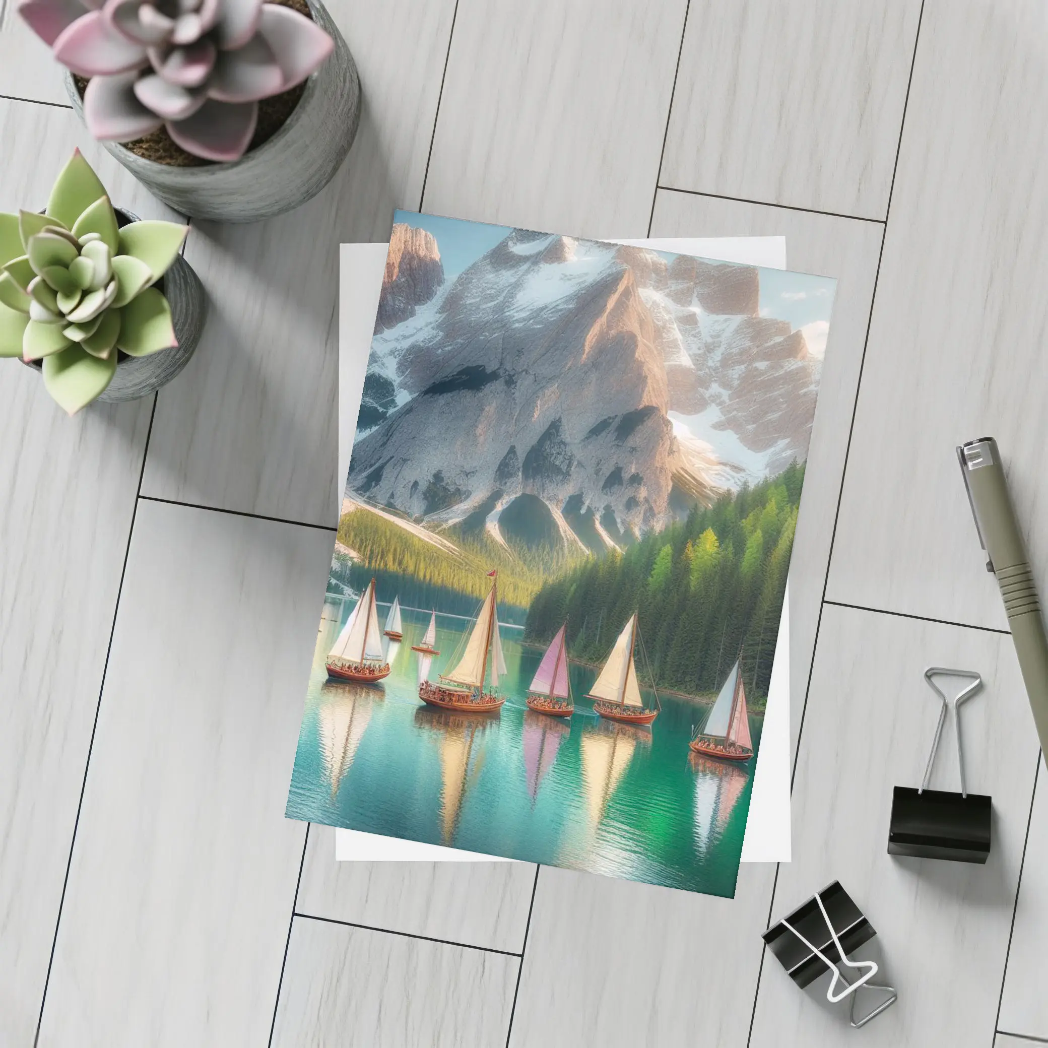 Colorful Sailboats Alpine Mountain Lake Scene – Postcards