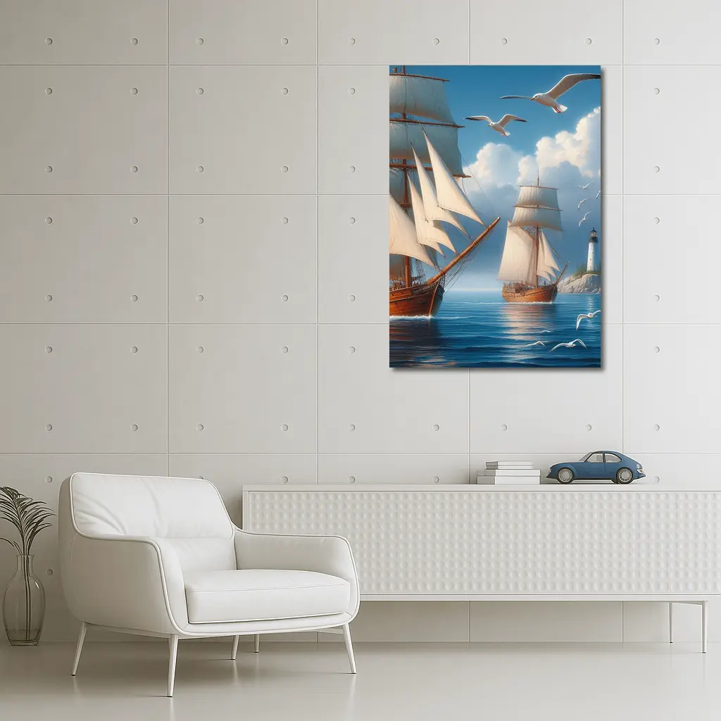 Tall Ships Sailing Near Lighthouse Seagulls – Wall Art