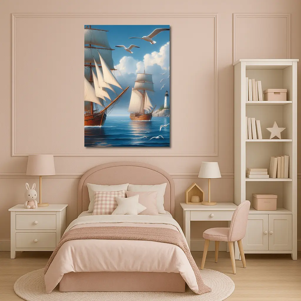 Tall Ships Sailing Near Lighthouse Seagulls – Wall Art