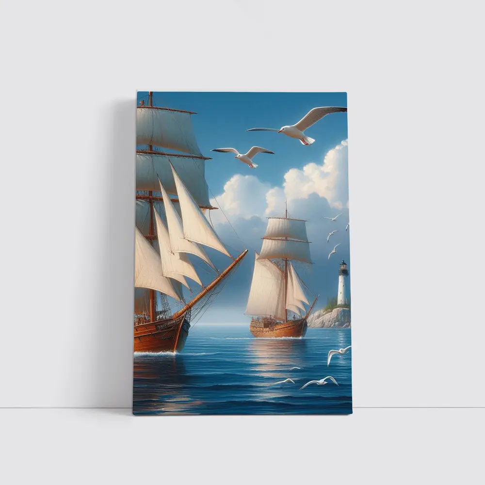 Tall Ships Sailing Near Lighthouse Seagulls – Wall Art