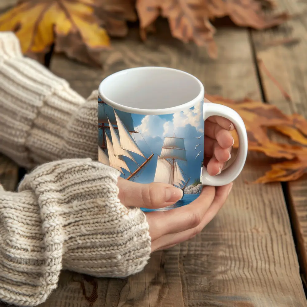 Tall Ships Sailing Near Lighthouse Seagulls – Mugs