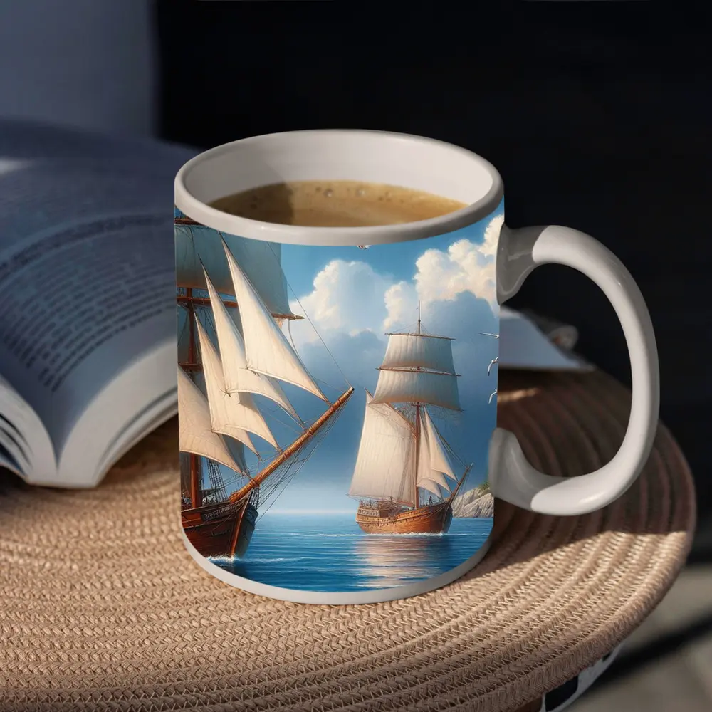 Tall Ships Sailing Near Lighthouse Seagulls – Mugs