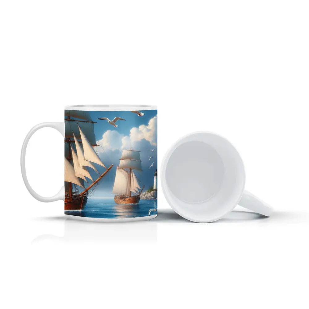 Tall Ships Sailing Near Lighthouse Seagulls – Mugs