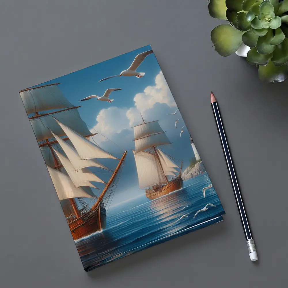 Tall Ships Sailing Near Lighthouse Seagulls – Notebooks