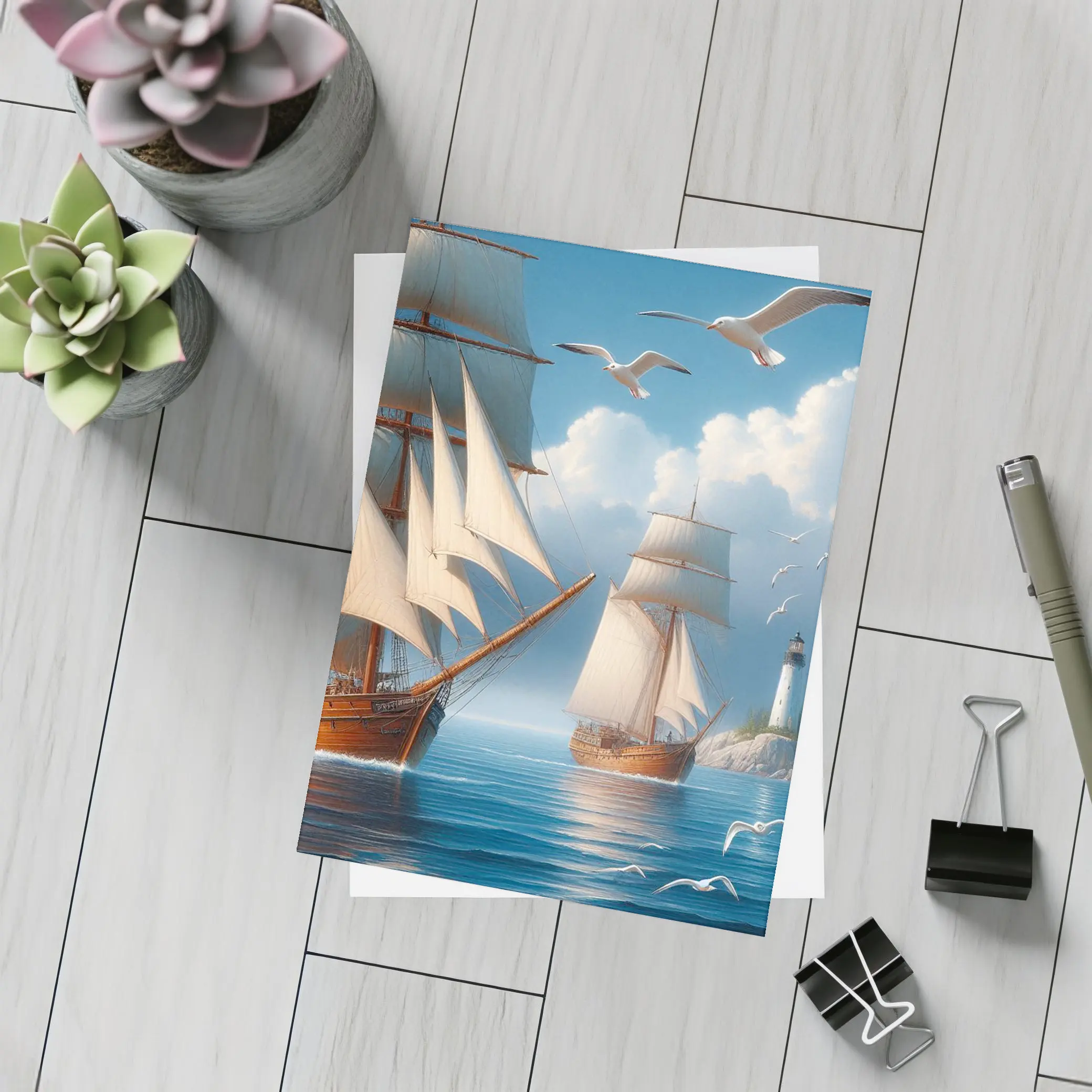 Tall Ships Sailing Near Lighthouse Seagulls – Postcards
