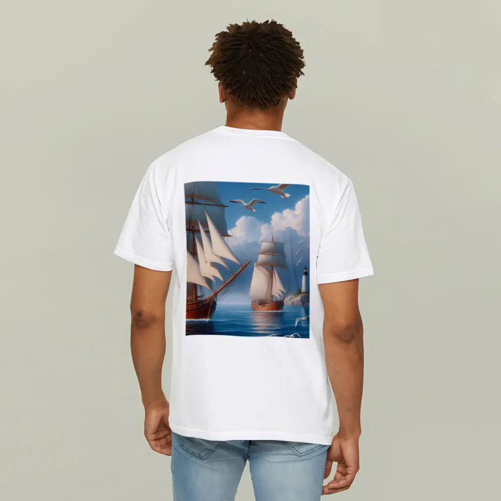 Tall Ships Sailing Near Lighthouse Seagulls – T-Shirts
