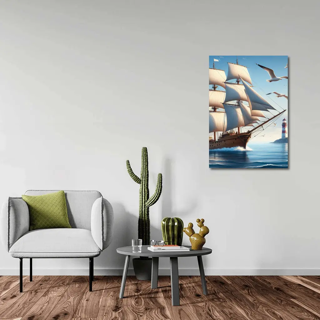 Tall Ship Sailing Ocean Lighthouse Seagulls – Wall Art