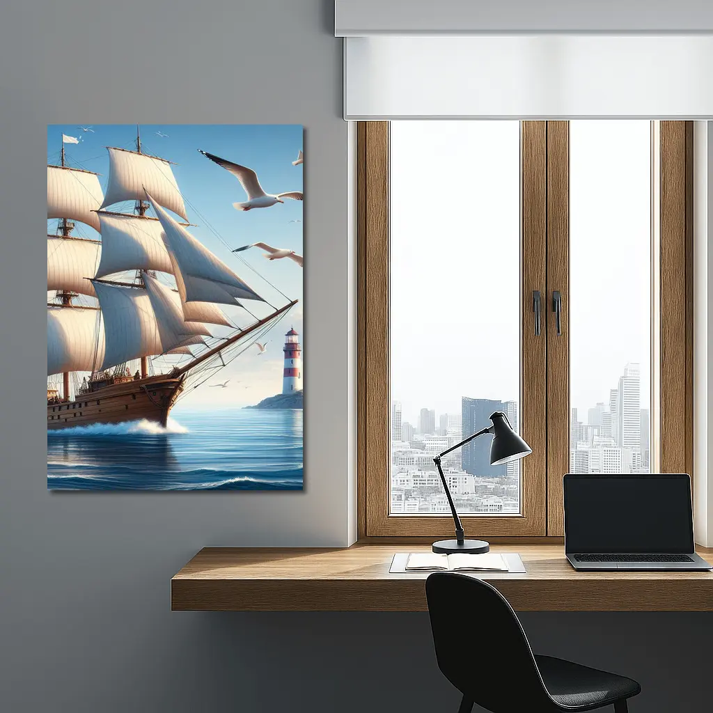 Tall Ship Sailing Ocean Lighthouse Seagulls – Wall Art