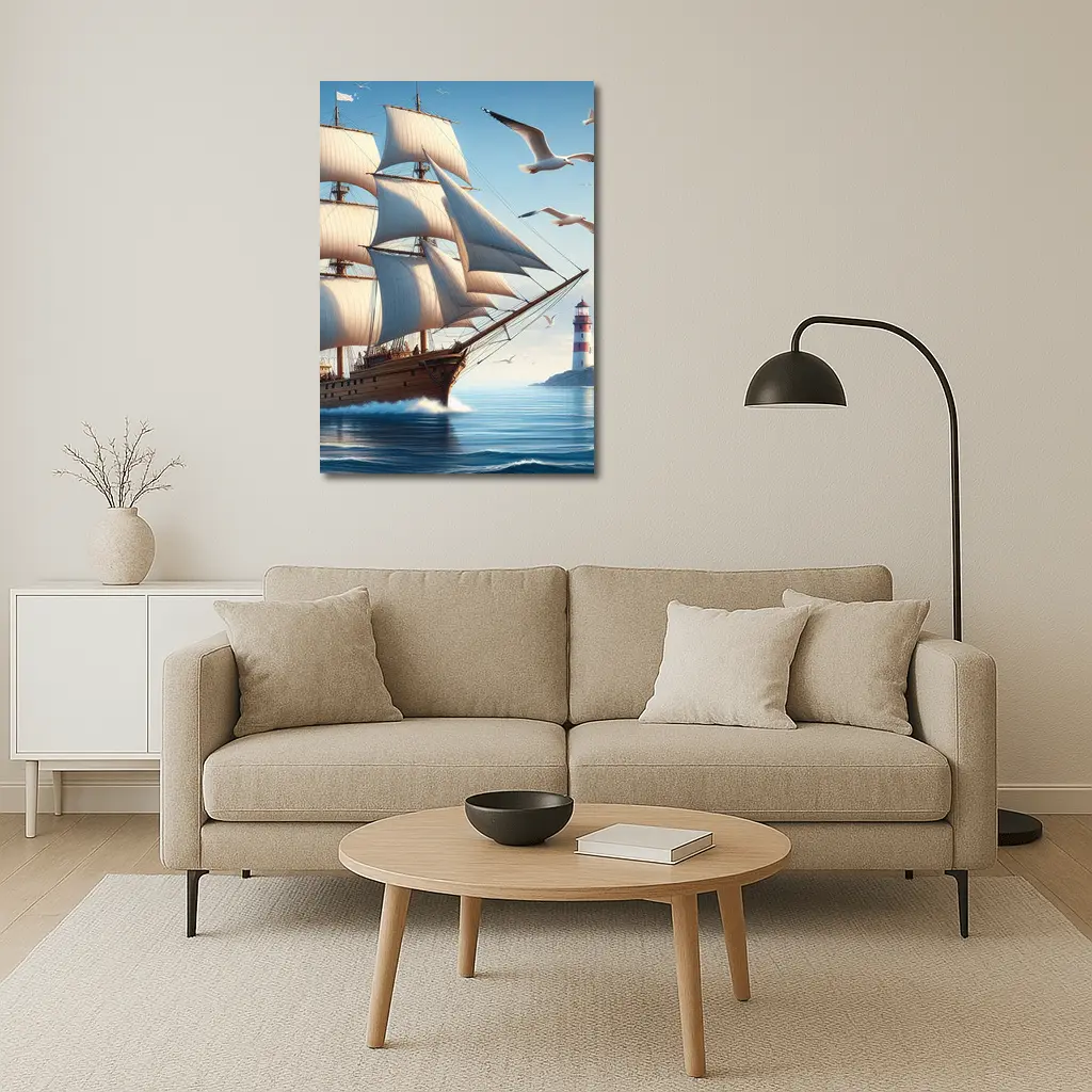 Tall Ship Sailing Ocean Lighthouse Seagulls – Wall Art