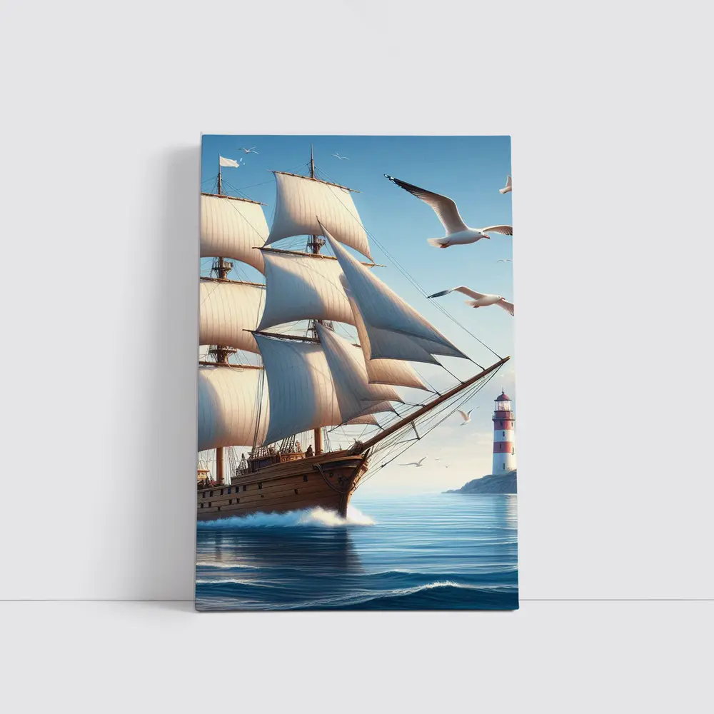 Tall Ship Sailing Ocean Lighthouse Seagulls – Wall Art