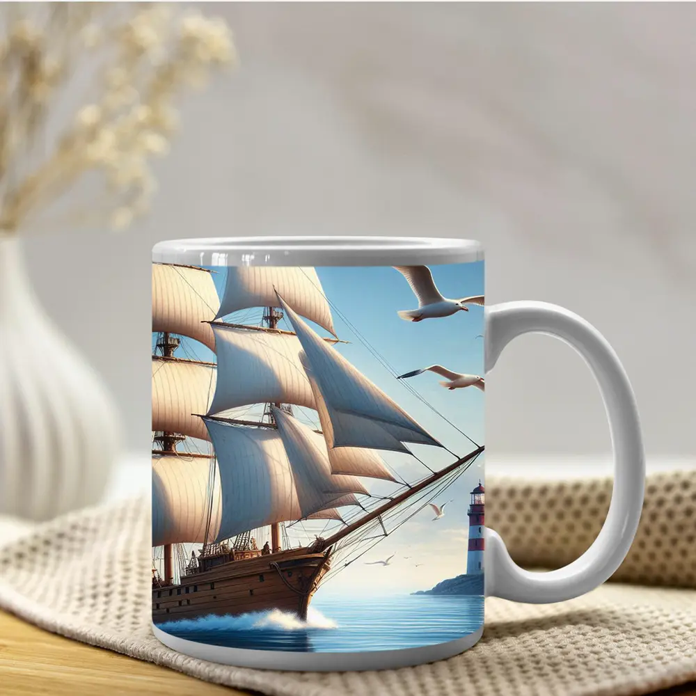 Tall Ship Sailing Ocean Lighthouse Seagulls – Mugs