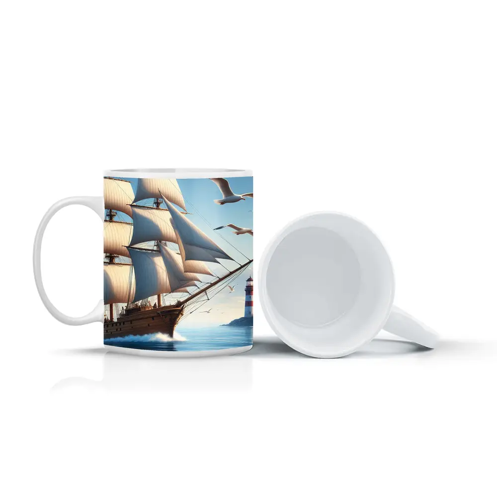 Tall Ship Sailing Ocean Lighthouse Seagulls – Mugs