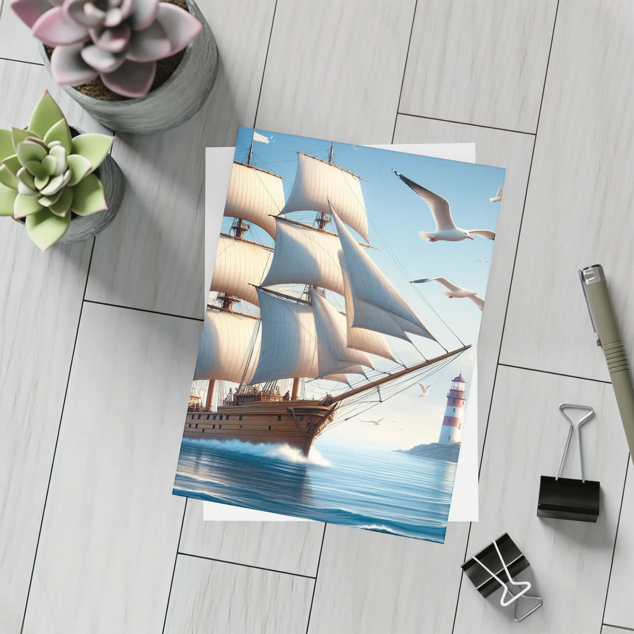 Tall Ship Sailing Ocean Lighthouse Seagulls – Postcards