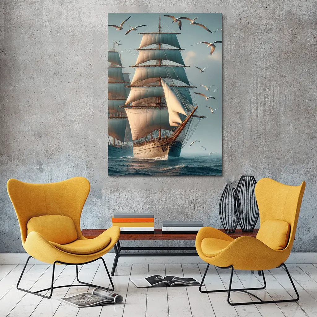Tall Ship Sailing Ocean With Seagulls – Wall Art