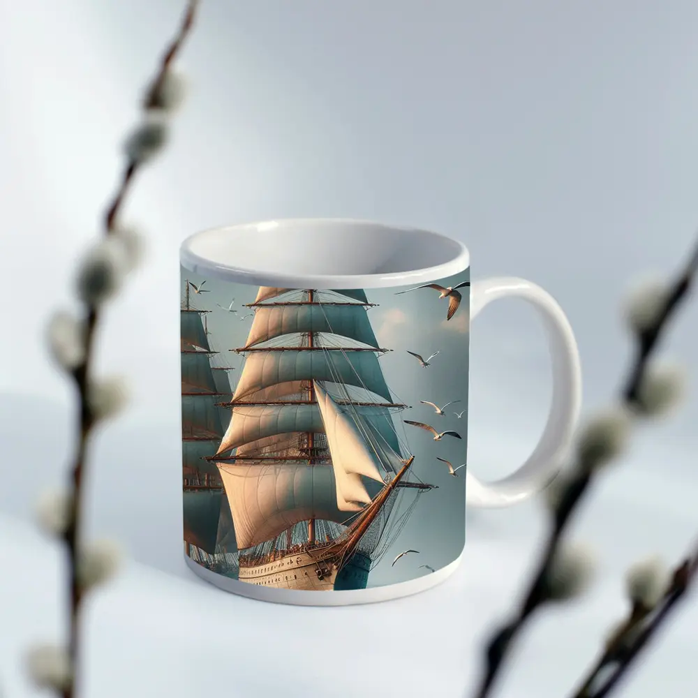Tall Ship Sailing Ocean With Seagulls – Mugs