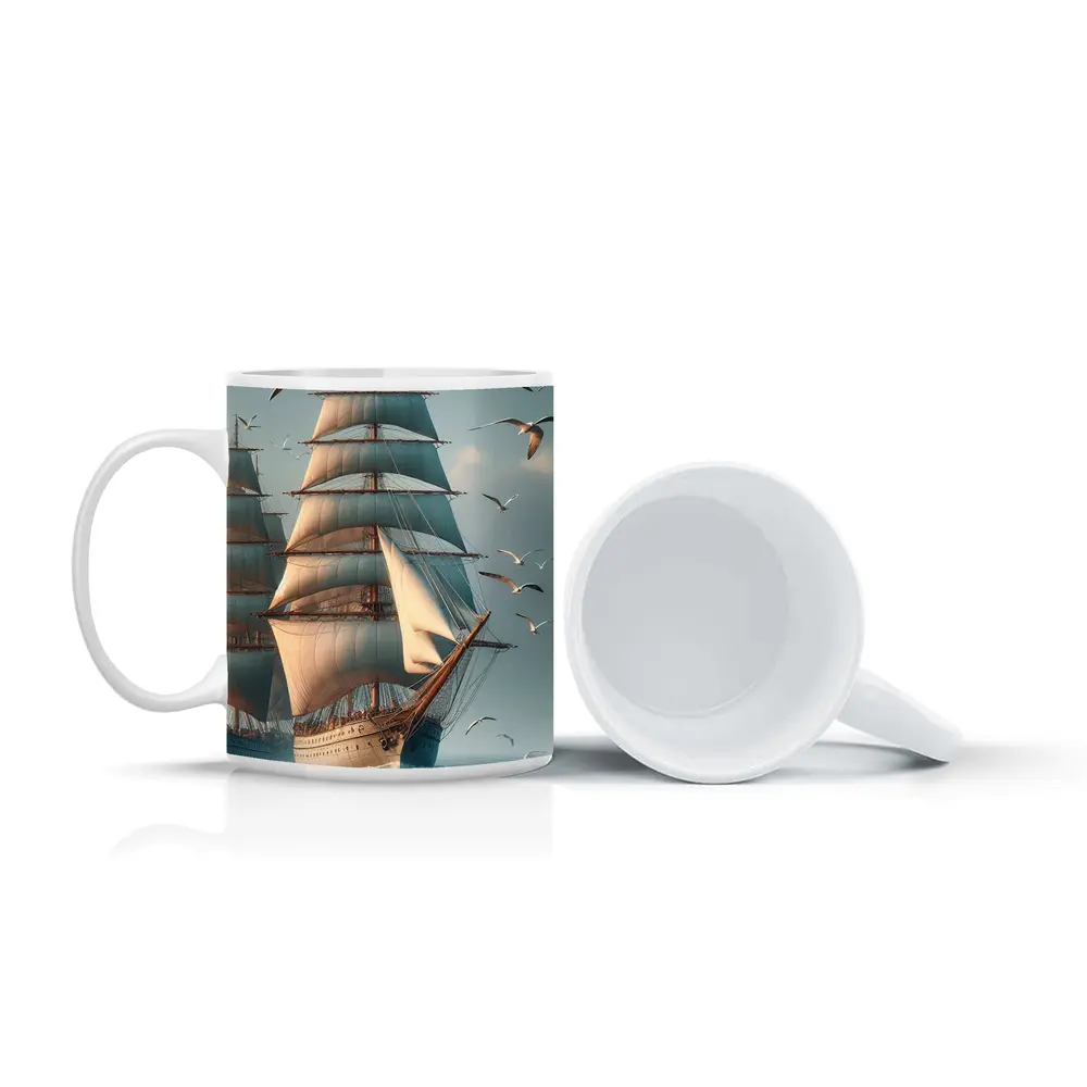 Tall Ship Sailing Ocean With Seagulls – Mugs