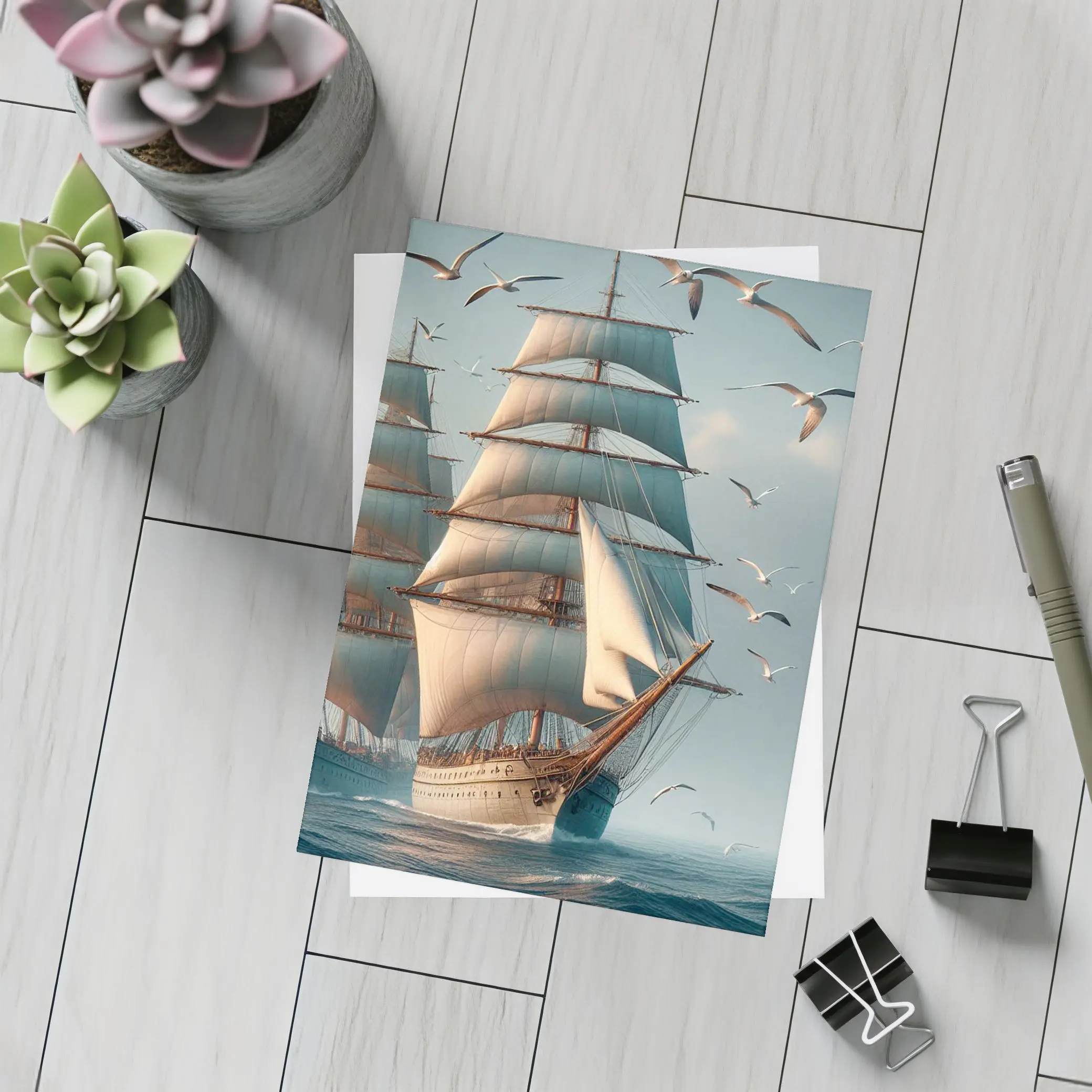 Tall Ship Sailing Ocean With Seagulls – Postcards