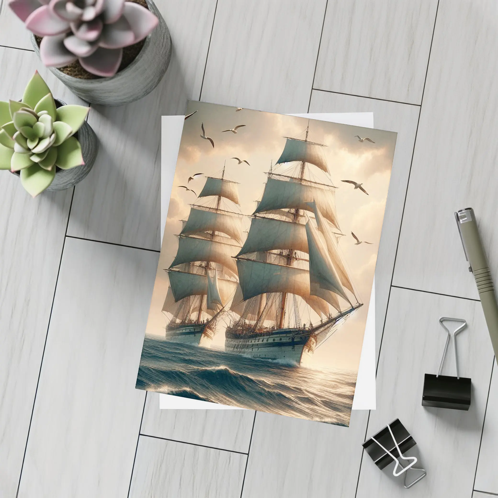 Tall Ship Sailing Rough Ocean Dramatic Sky – Postcards