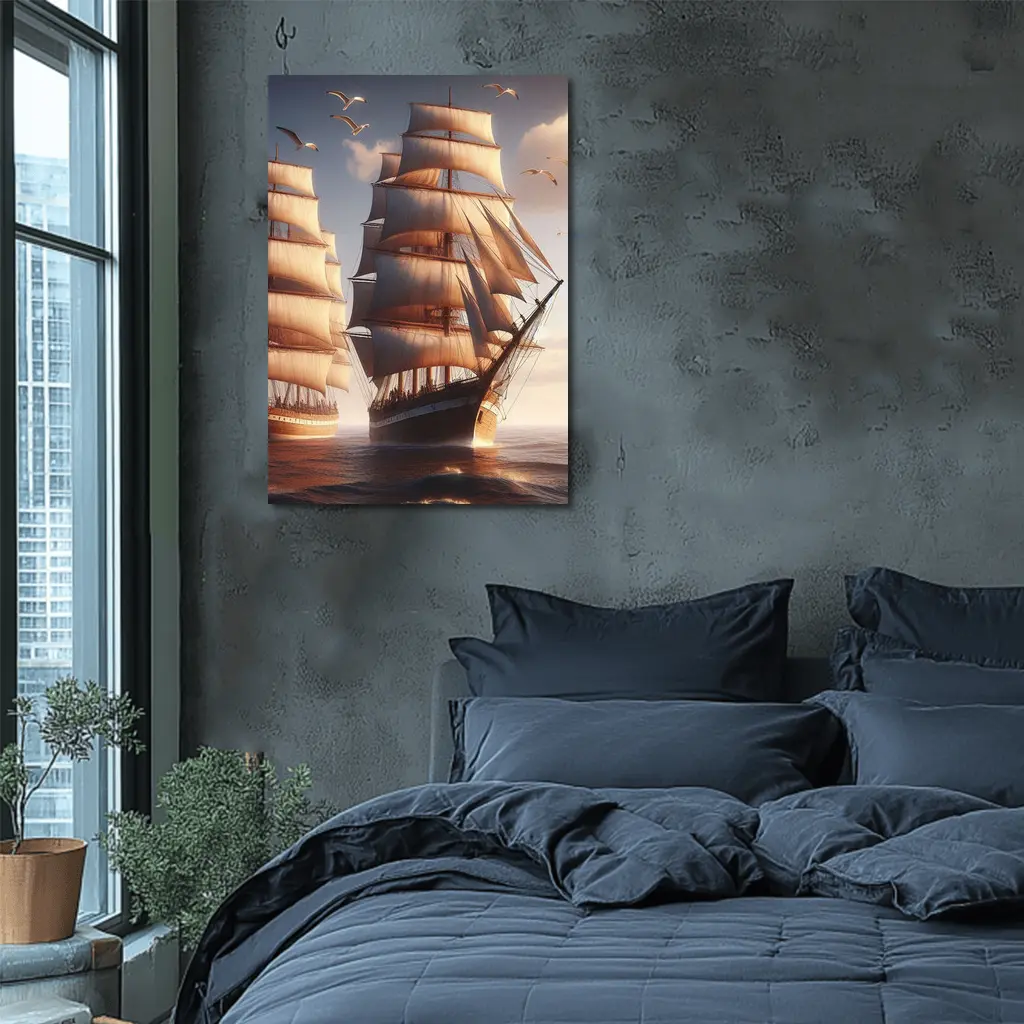 Tall Ships Sailing Ocean Warm Sunset Light – Wall Art