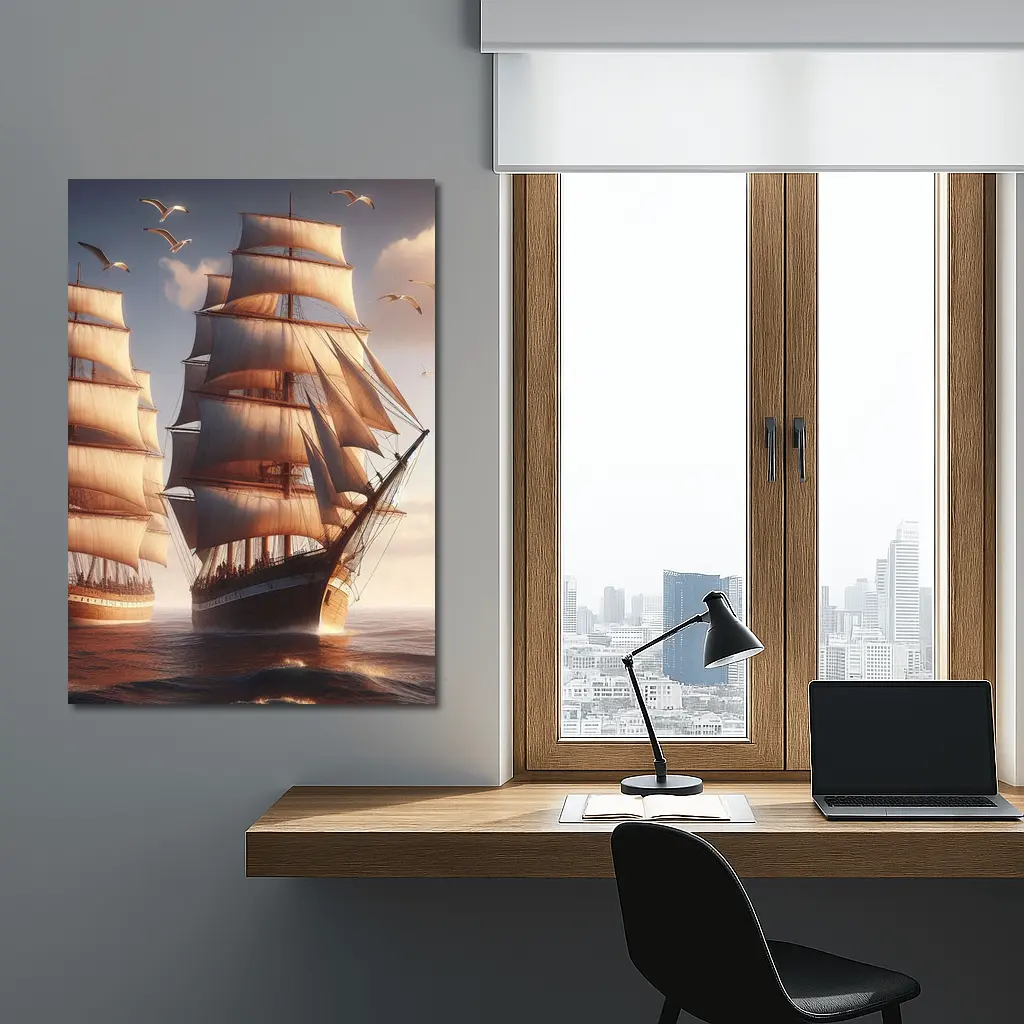 Tall Ships Sailing Ocean Warm Sunset Light – Wall Art