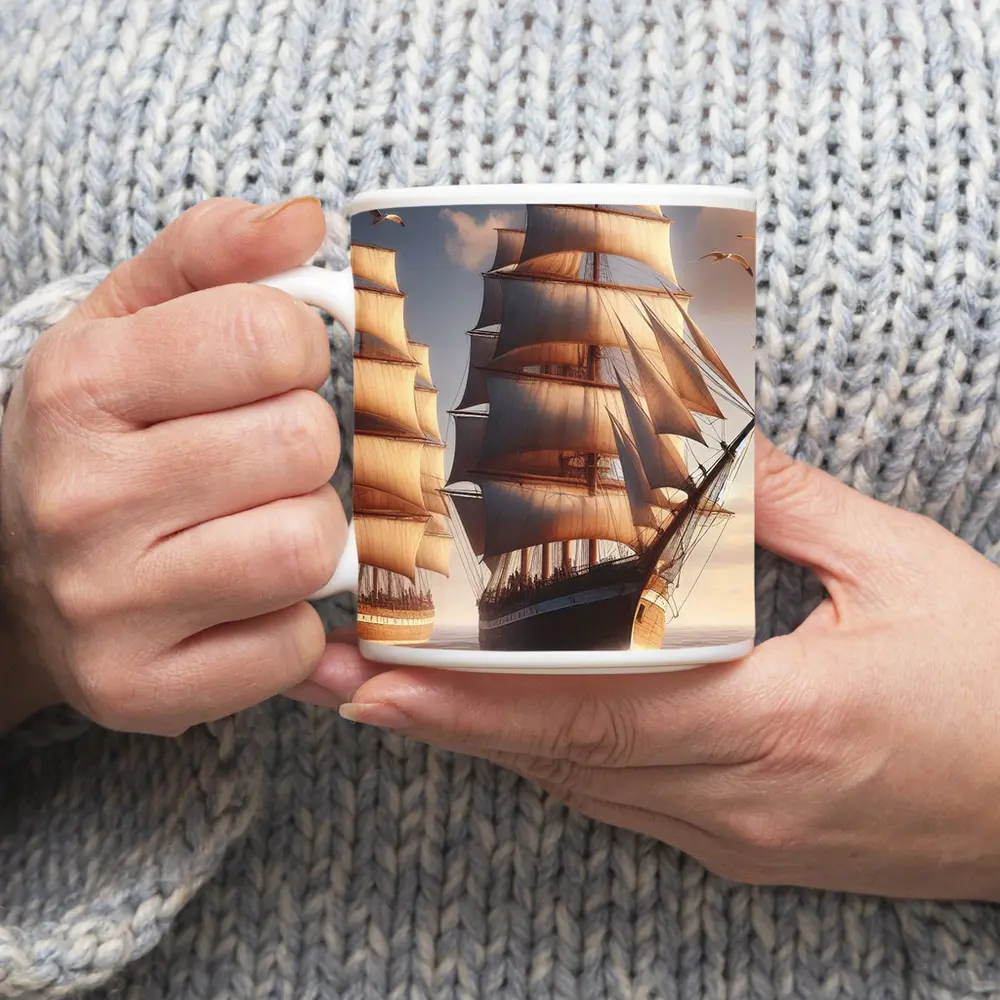 Tall Ships Sailing Ocean Warm Sunset Light – Mugs
