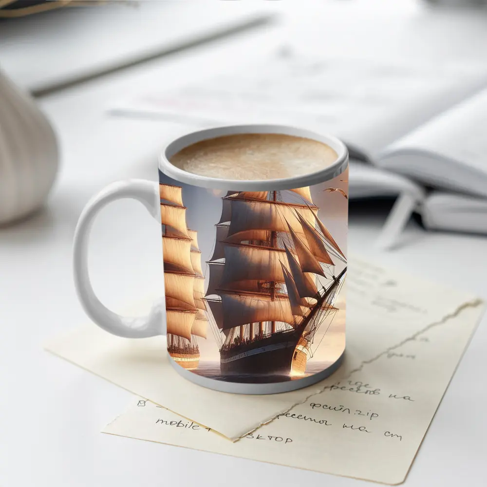 Tall Ships Sailing Ocean Warm Sunset Light – Mugs