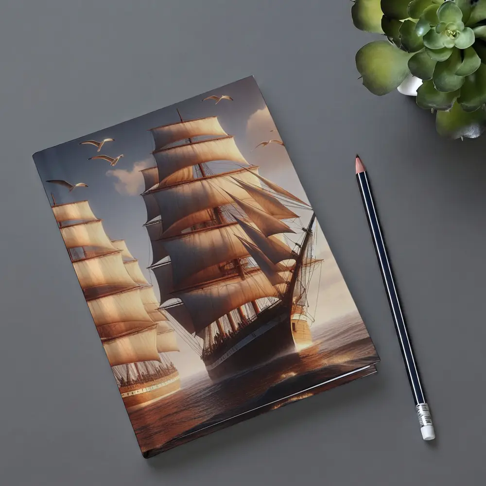 Tall Ships Sailing Ocean Warm Sunset Light – Notebooks