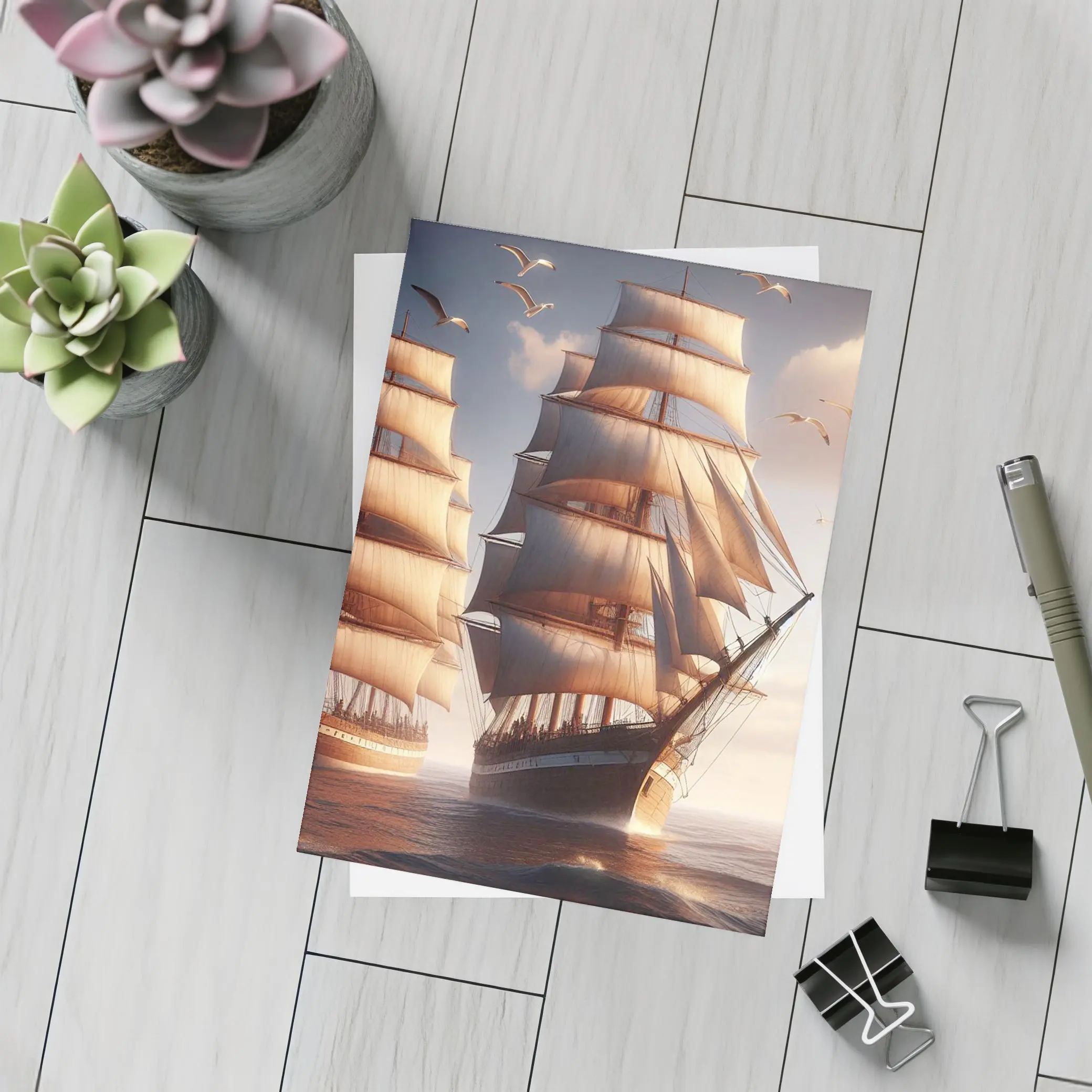 Tall Ships Sailing Ocean Warm Sunset Light – Postcards