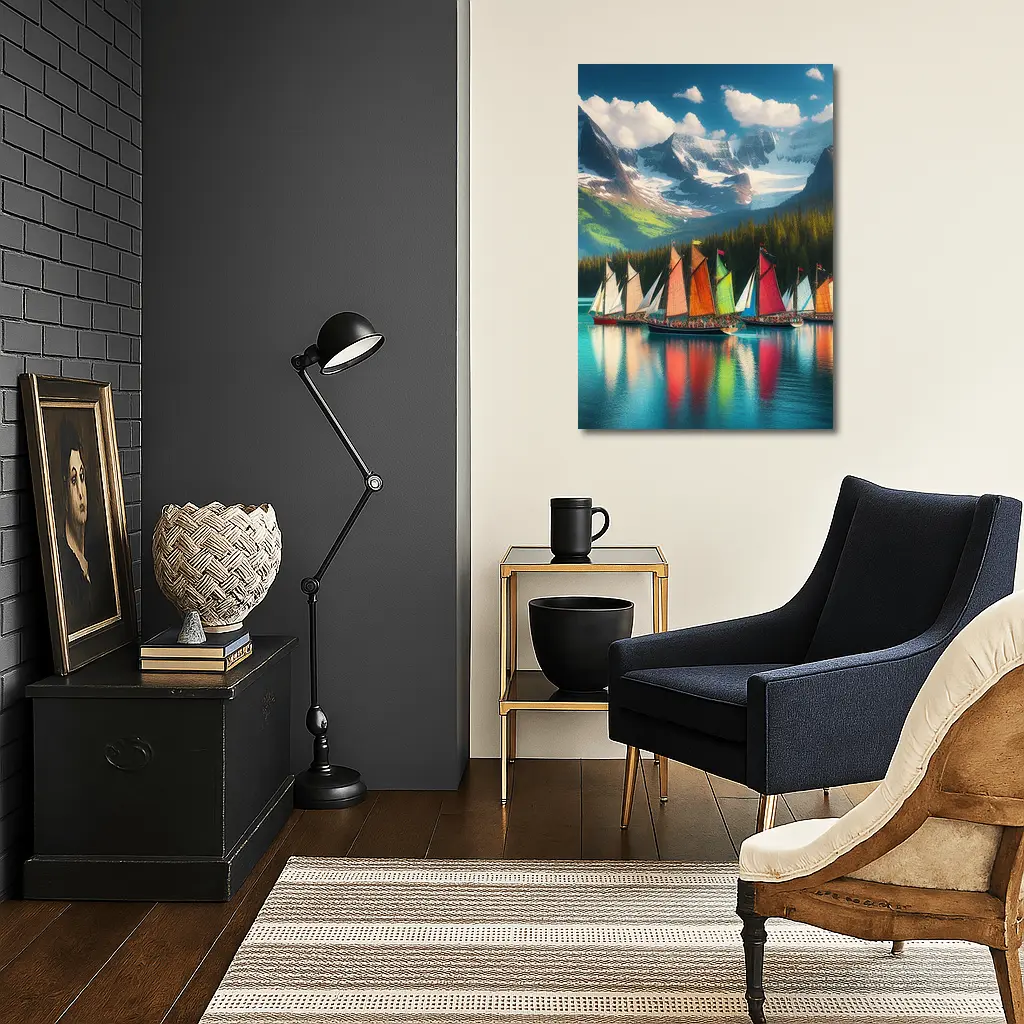 Colorful Sailboats on Mountain Lake – Wall Art
