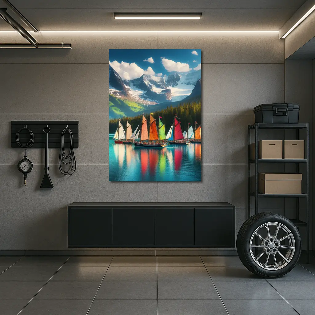 Colorful Sailboats on Mountain Lake – Wall Art