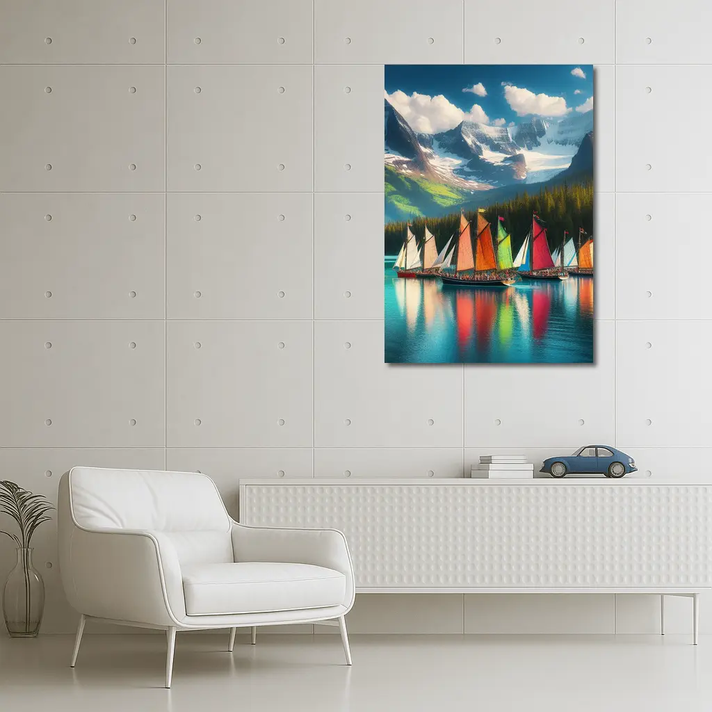 Colorful Sailboats on Mountain Lake – Wall Art