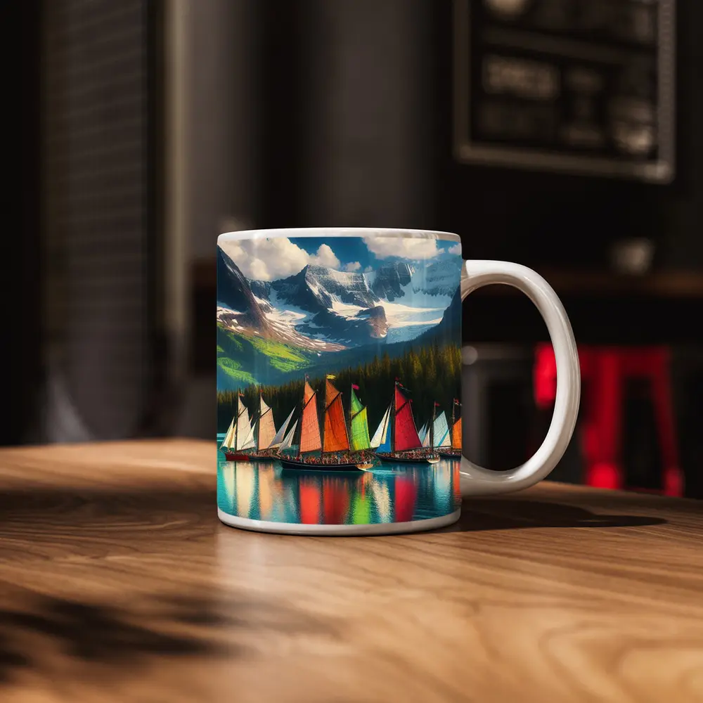 Colorful Sailboats on Mountain Lake – Mugs