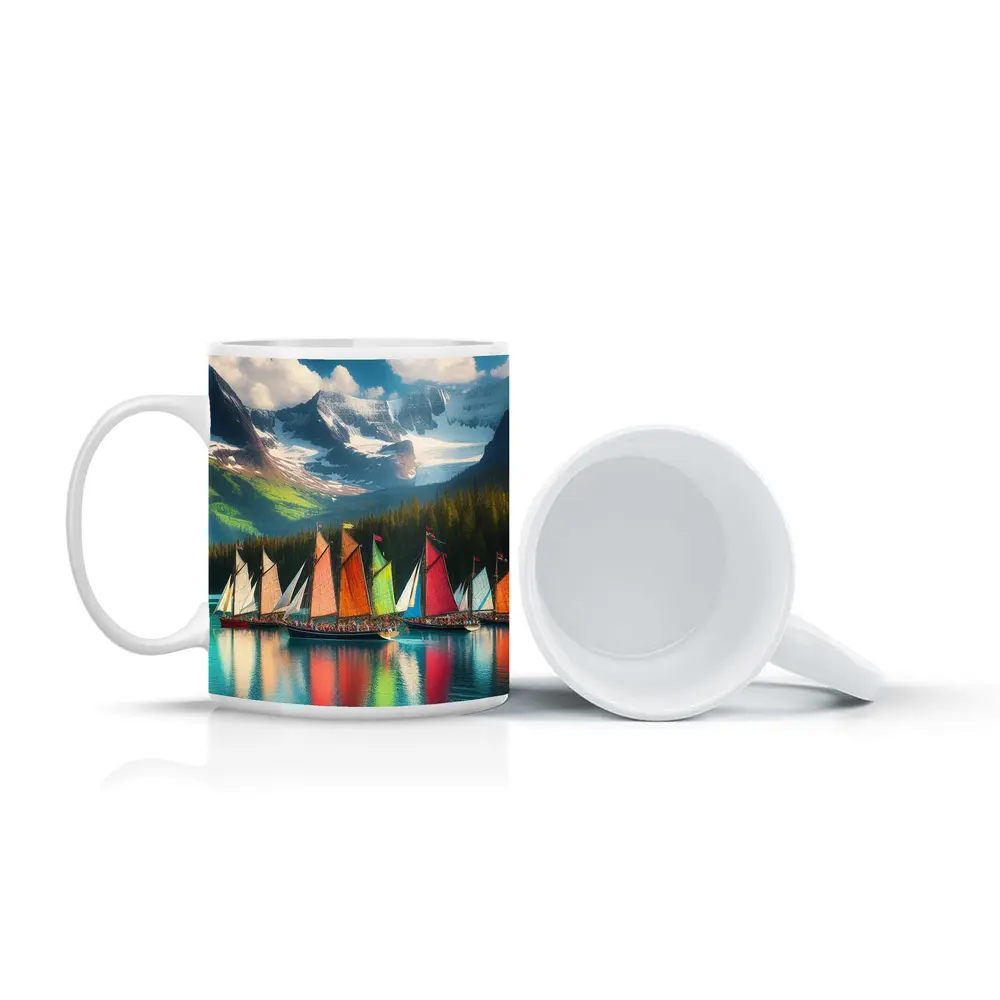 Colorful Sailboats on Mountain Lake – Mugs