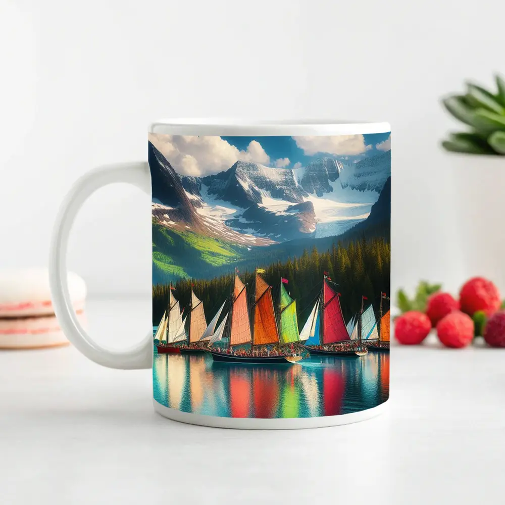 Colorful Sailboats on Mountain Lake – Mugs