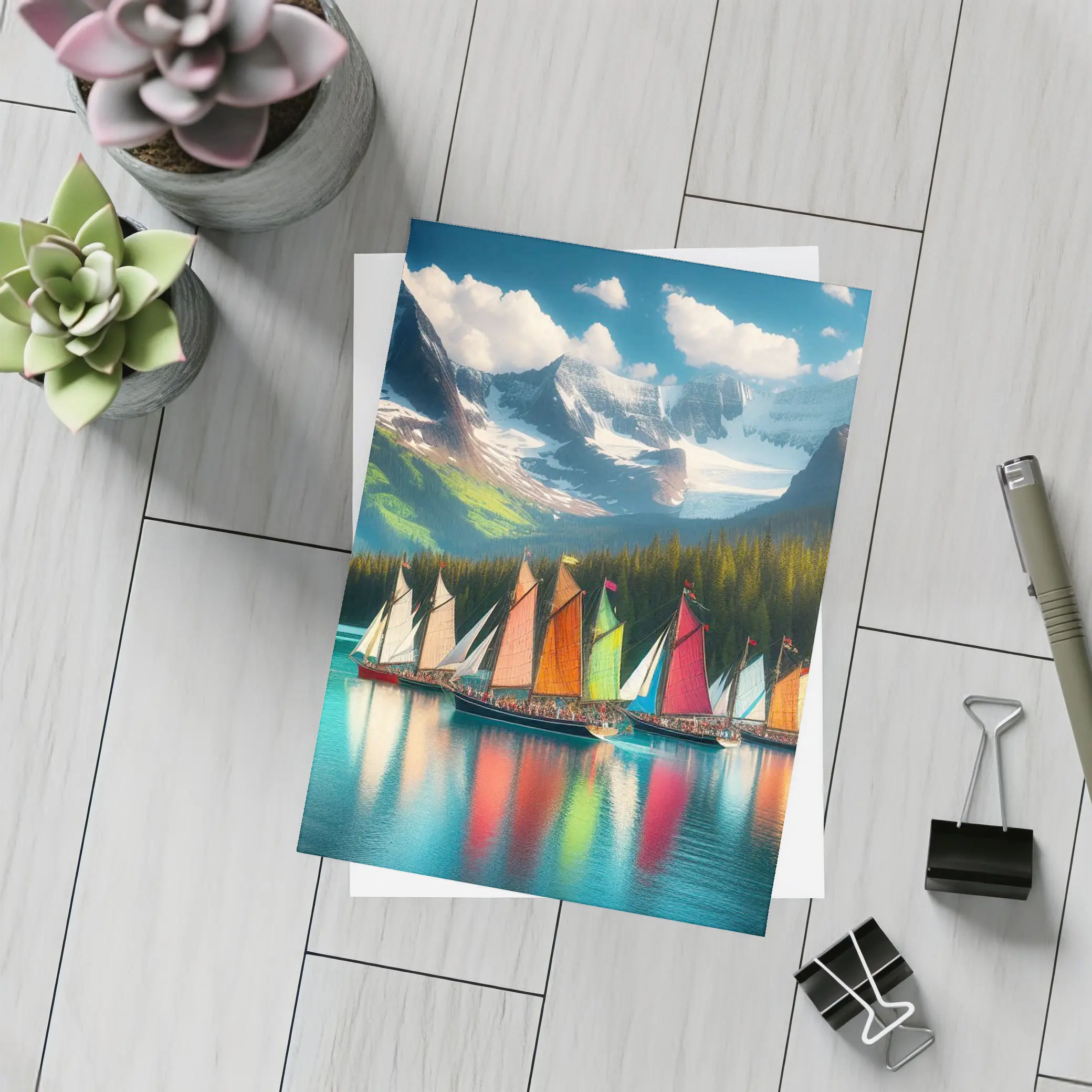 Colorful Sailboats on Mountain Lake – Postcards