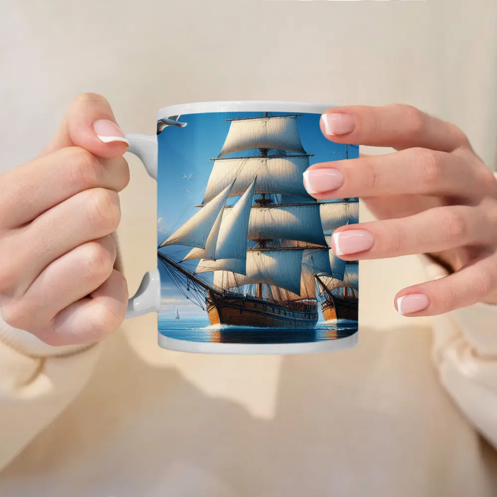 Tall Ship Full Sails Blue Ocean Sky – Mugs