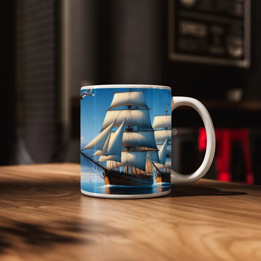 Tall Ship Full Sails Blue Ocean Sky – Mugs