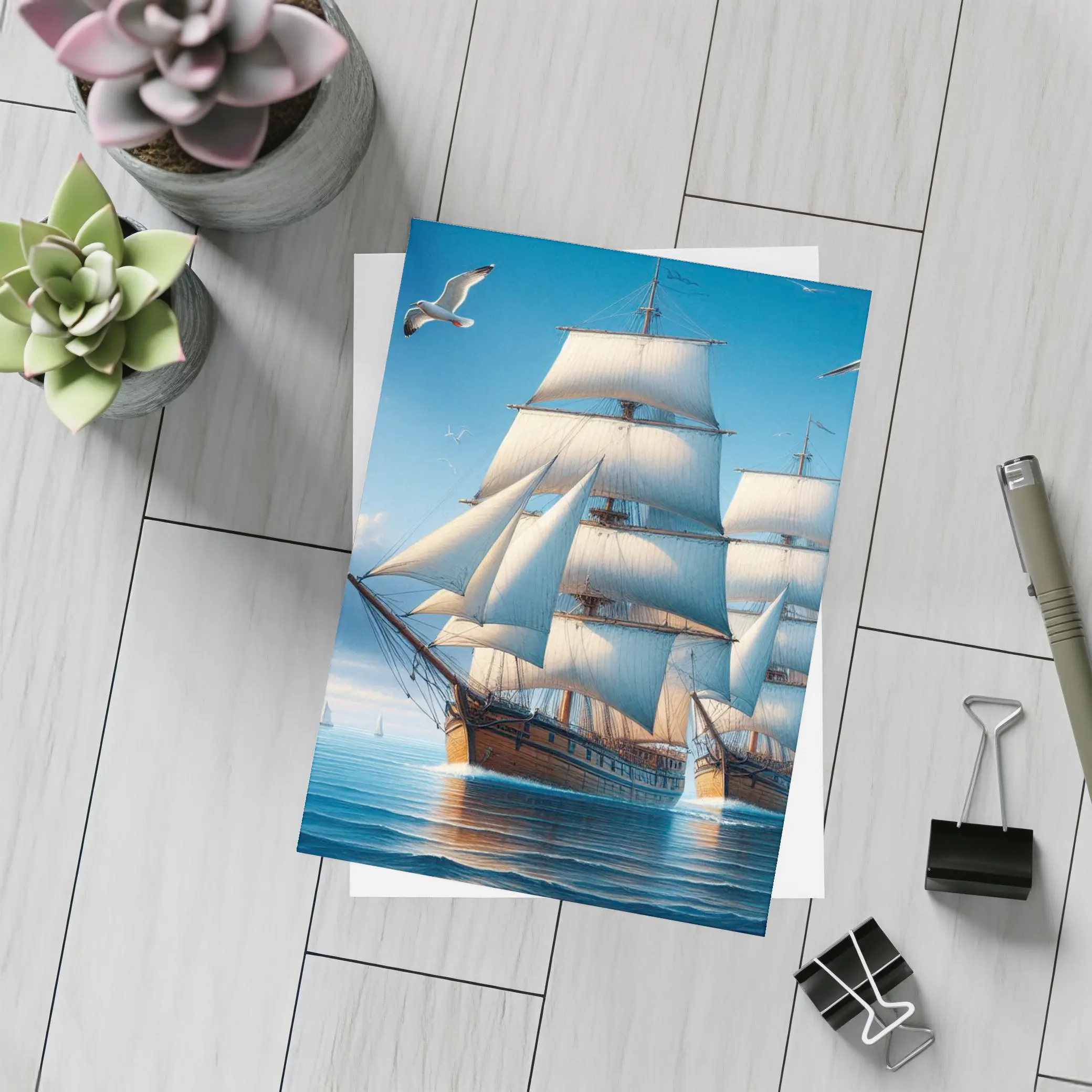 Tall Ship Full Sails Blue Ocean Sky – Postcards