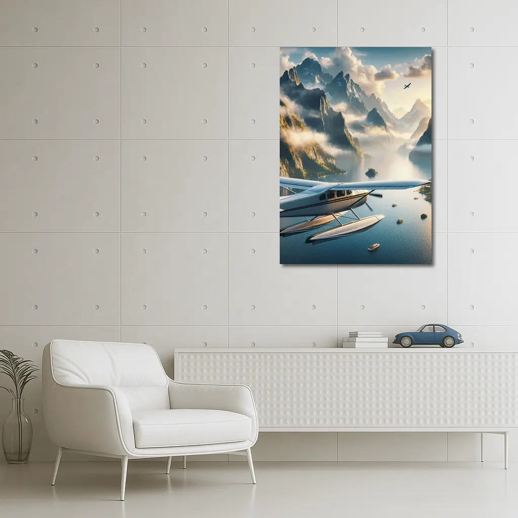 Seaplane Flying Over Mountain Lake Landscape – Wall Art
