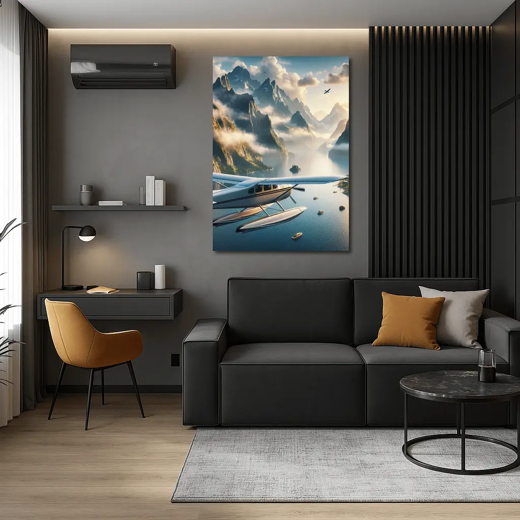 Seaplane Flying Over Mountain Lake Landscape – Wall Art