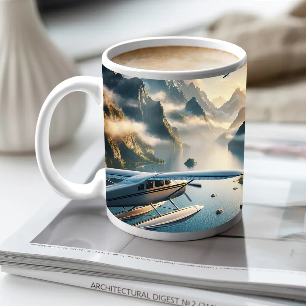Seaplane Flying Over Mountain Lake Landscape – Mugs