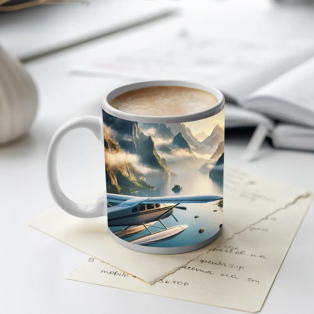 Seaplane Flying Over Mountain Lake Landscape – Mugs