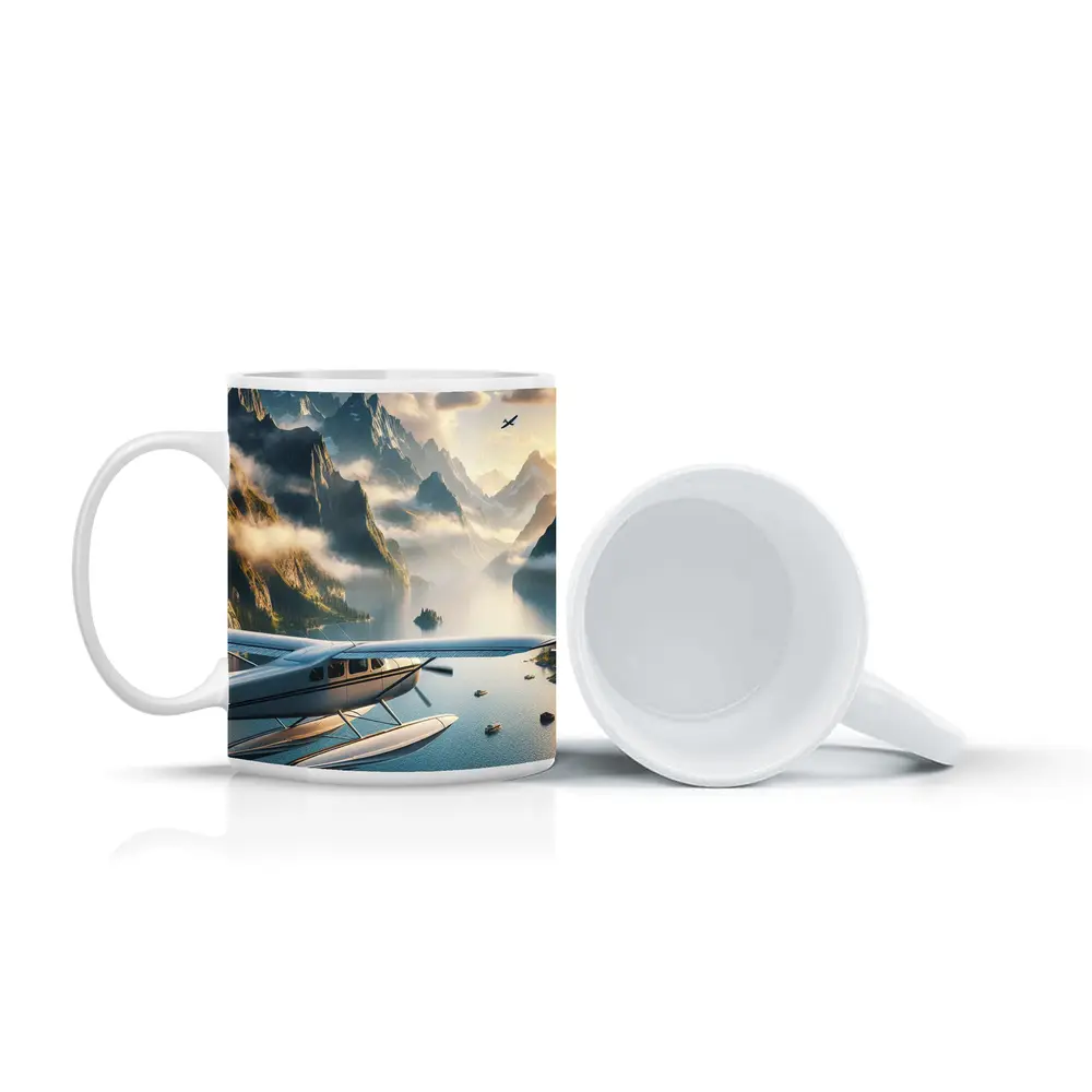 Seaplane Flying Over Mountain Lake Landscape – Mugs