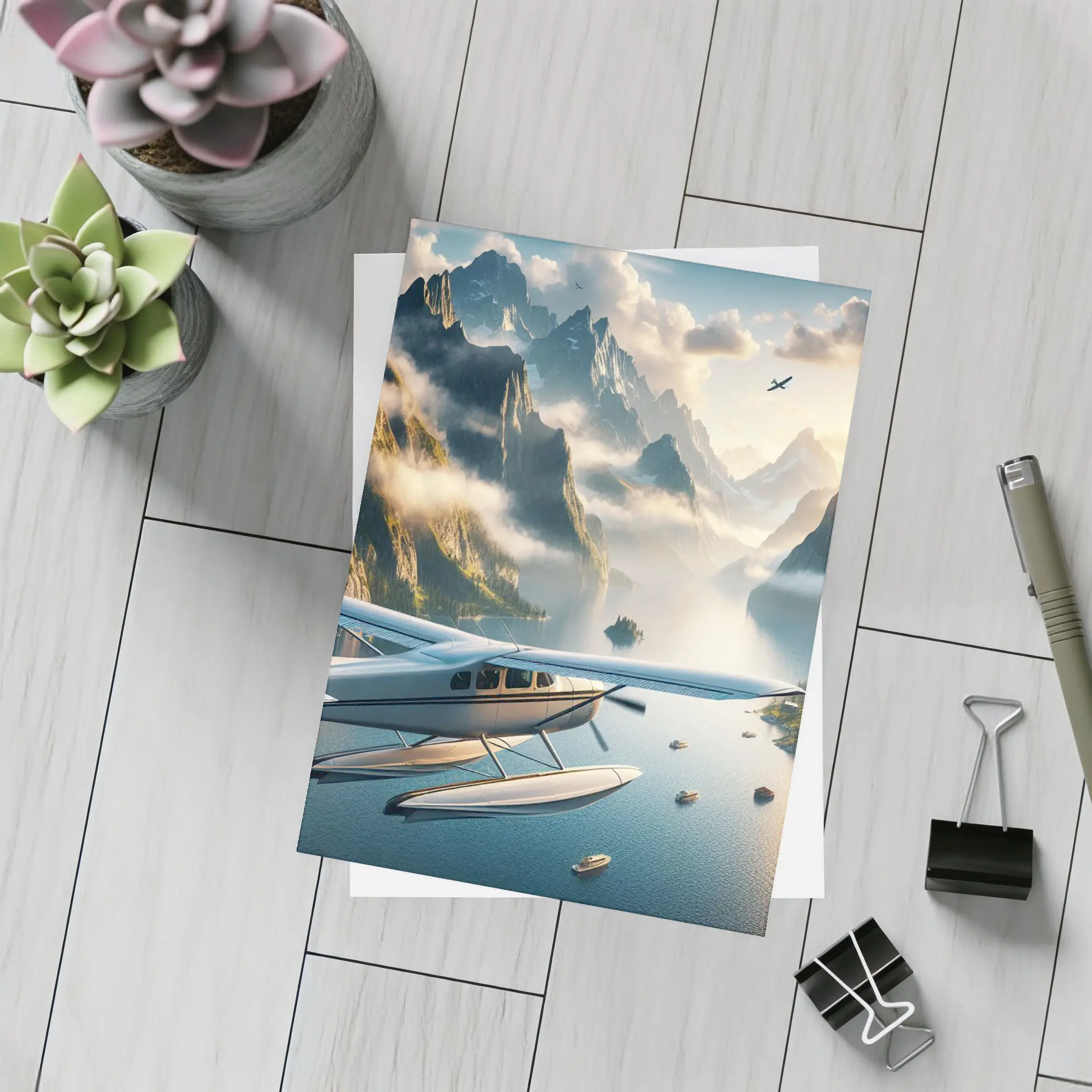 Seaplane Flying Over Mountain Lake Landscape – Postcards