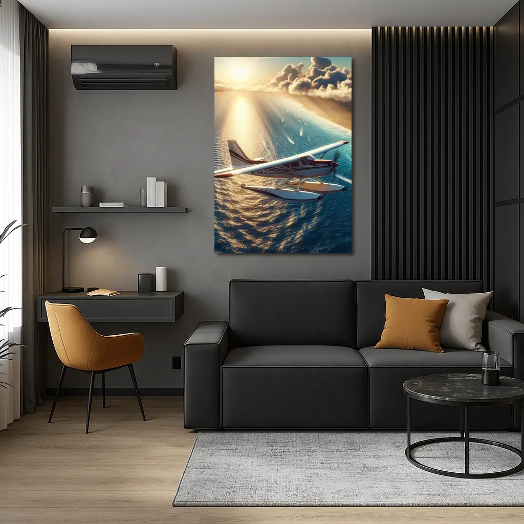 Seaplane Flying Over Sunny Ocean Waters – Wall Art